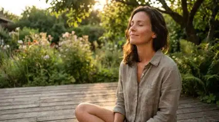 Femme méditant les yeux fermés sur une terrasse ensoleillée