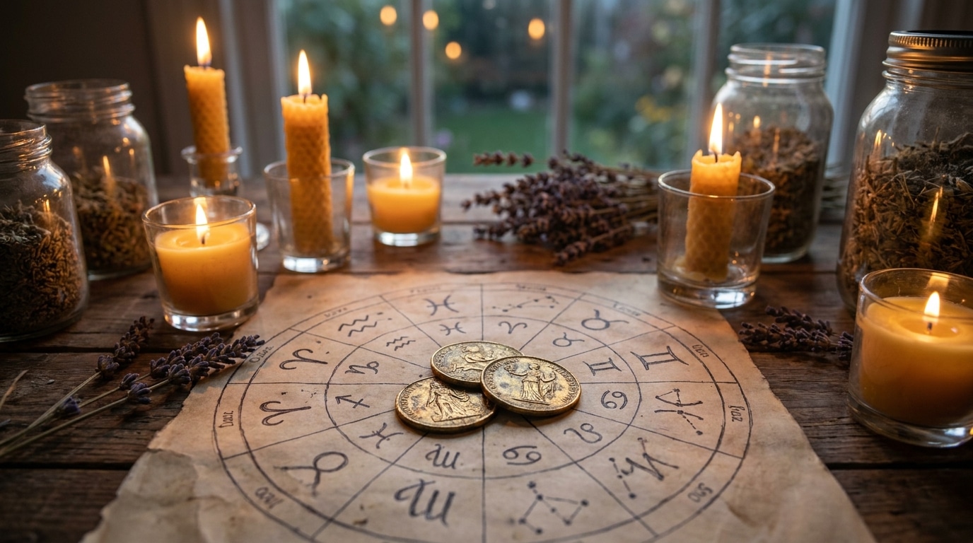 Pièces dorées posées sur une carte astrologique ancienne