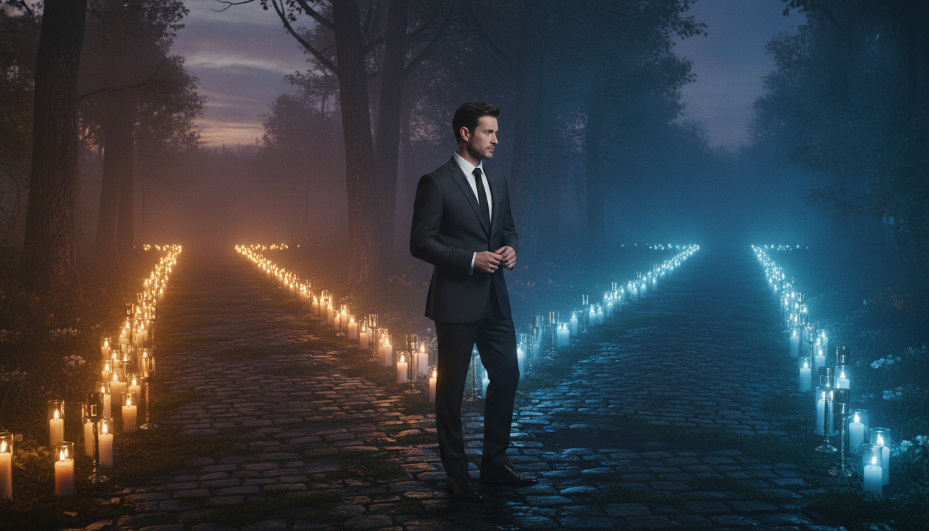 Homme à la croisée de deux chemins illuminés au crépuscule
