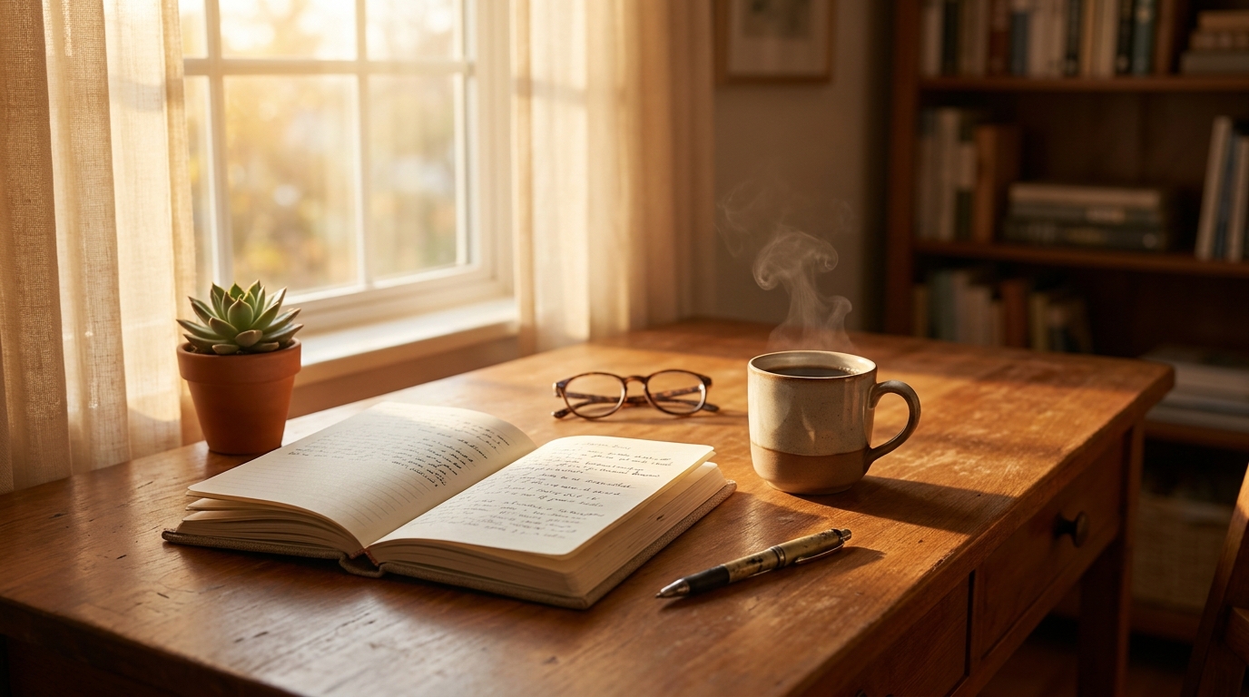 Bureau avec journal ouvert tasse de café et plante