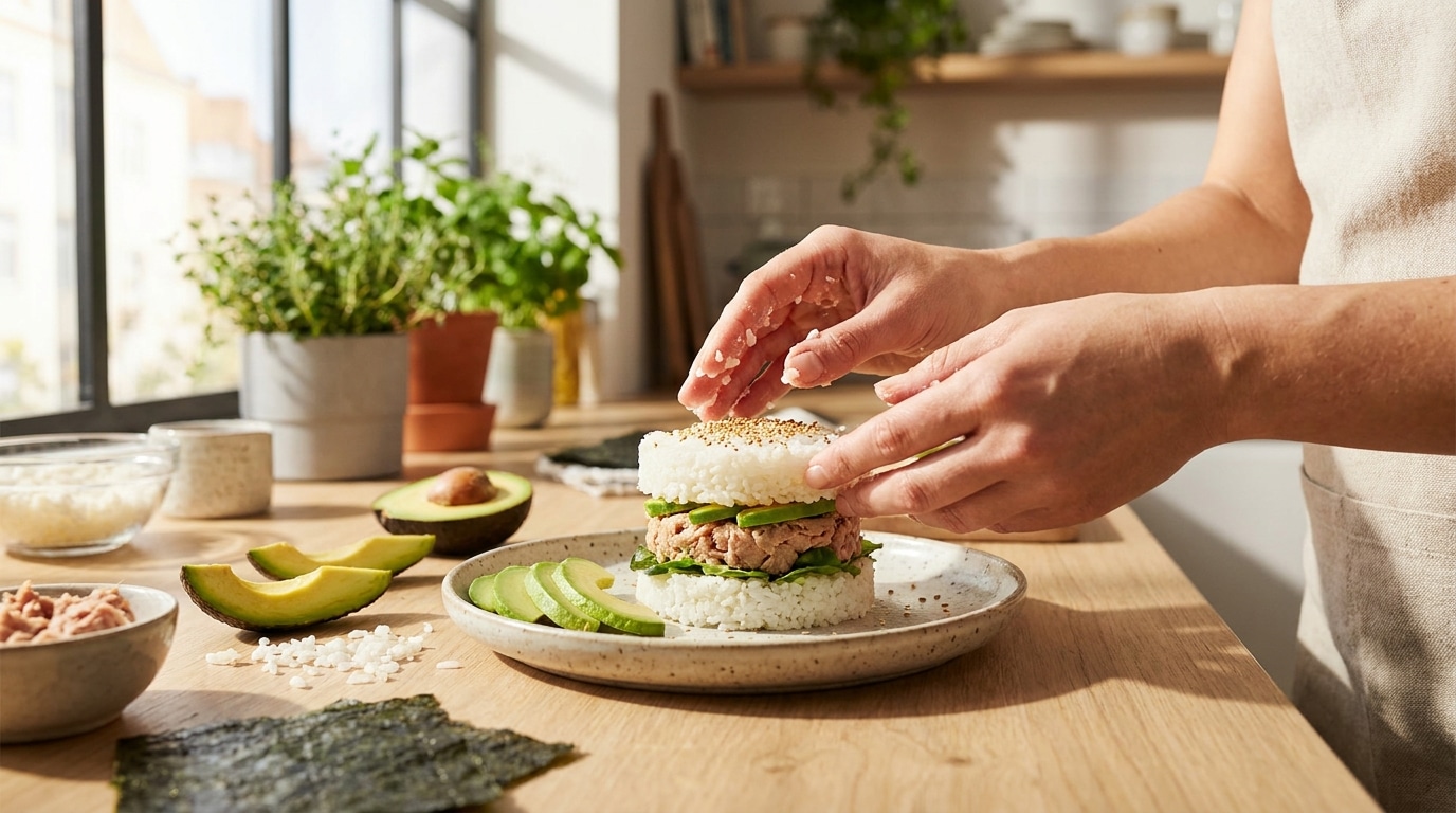 Mains préparant un sushi burger dans une cuisine lumineuse