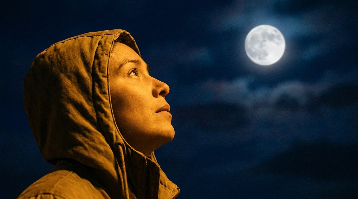 Personne contemplant la pleine lune dans un ciel étoilé