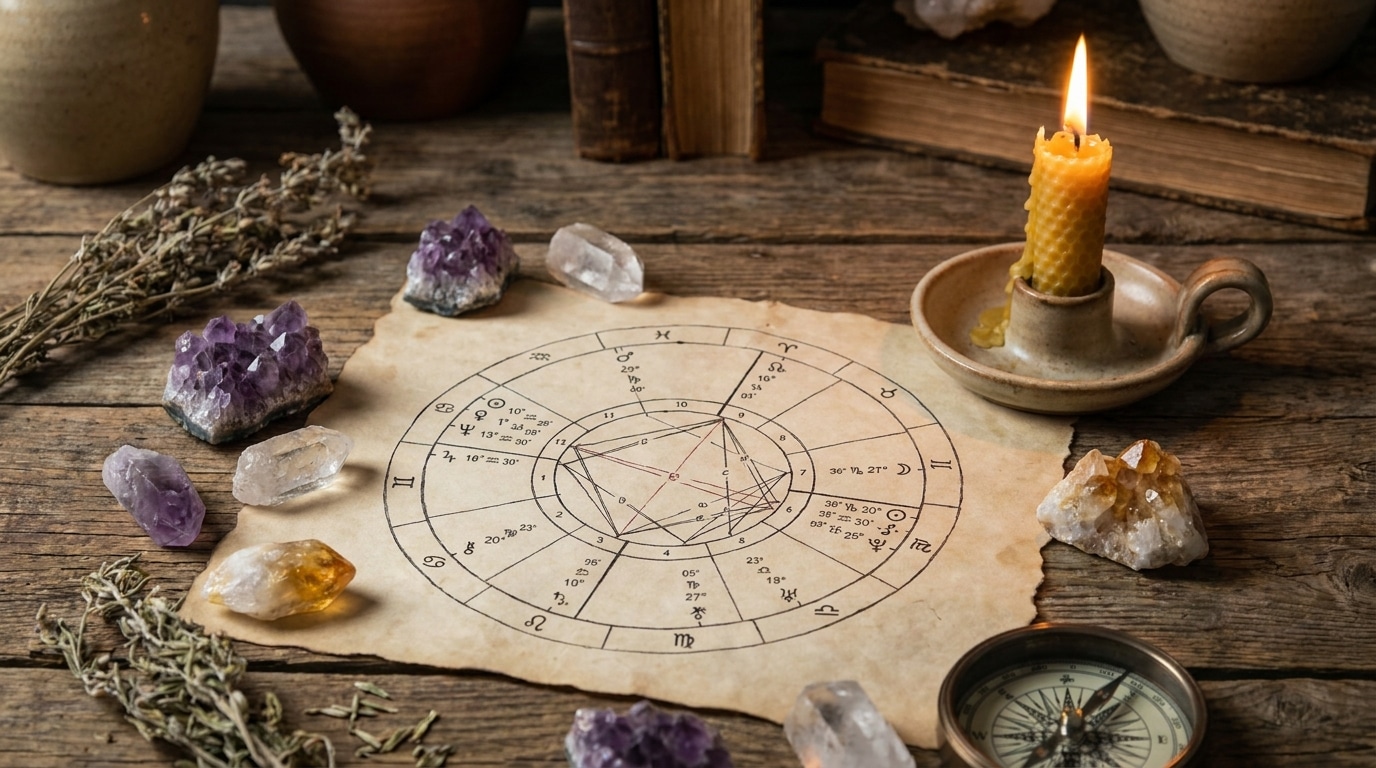Carte astrologique sur une table avec cristaux et bougie