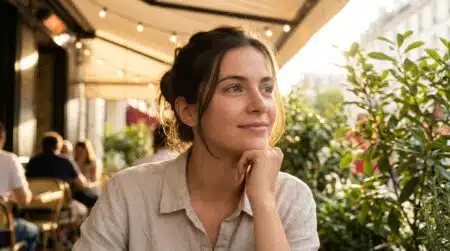 Femme rêveuse à une terrasse de café en été