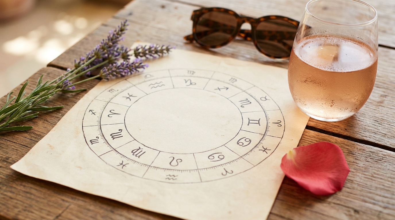 Carte astrale entourée de lavande et accessoires d'été