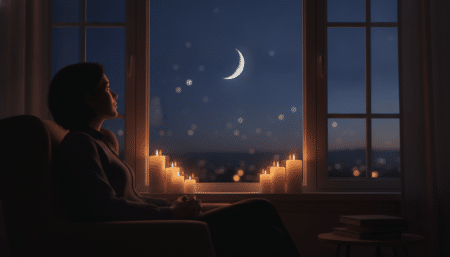 Personne contemplant la lune décroissante au crépuscule