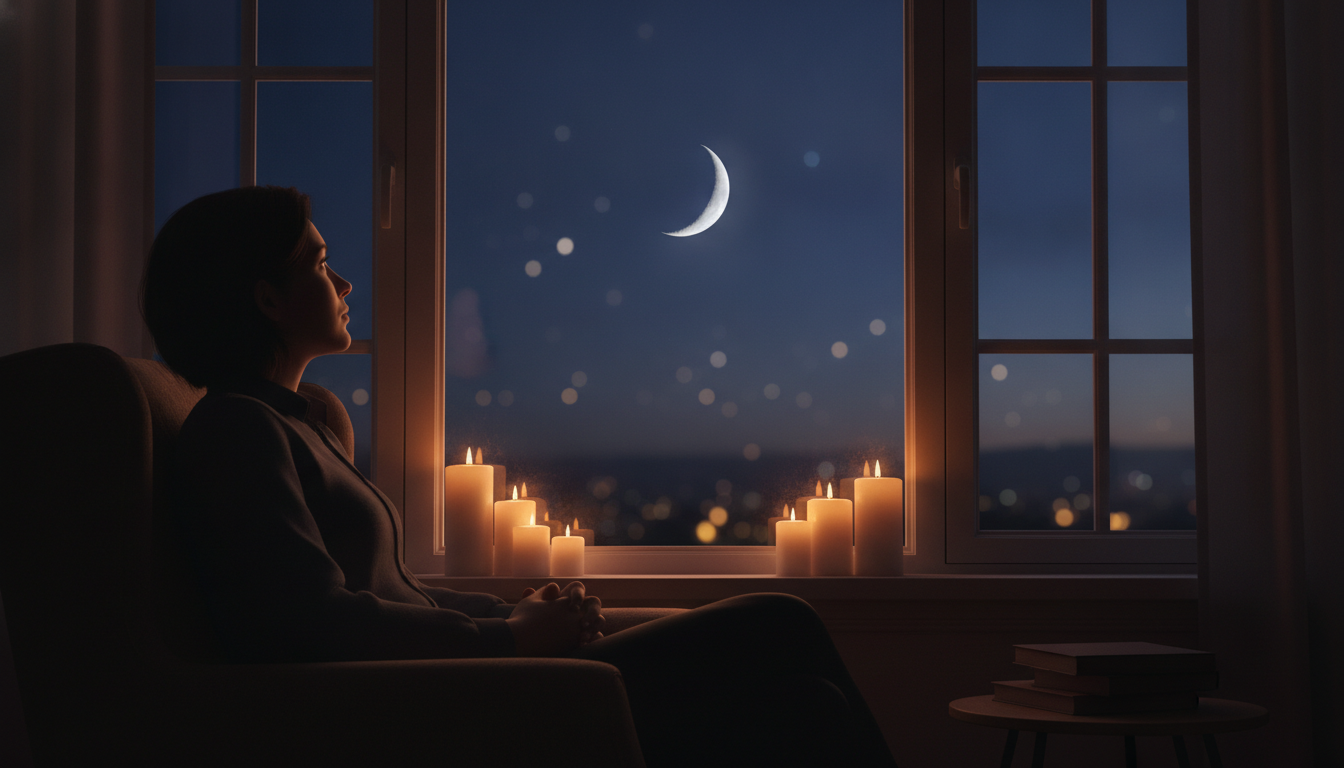 Personne contemplant la lune décroissante au crépuscule