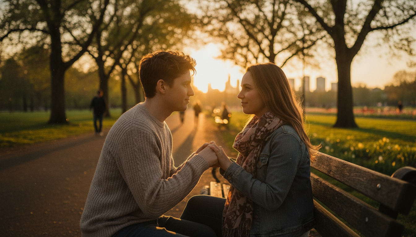 Couple se tenant la main sur un banc au coucher du soleil