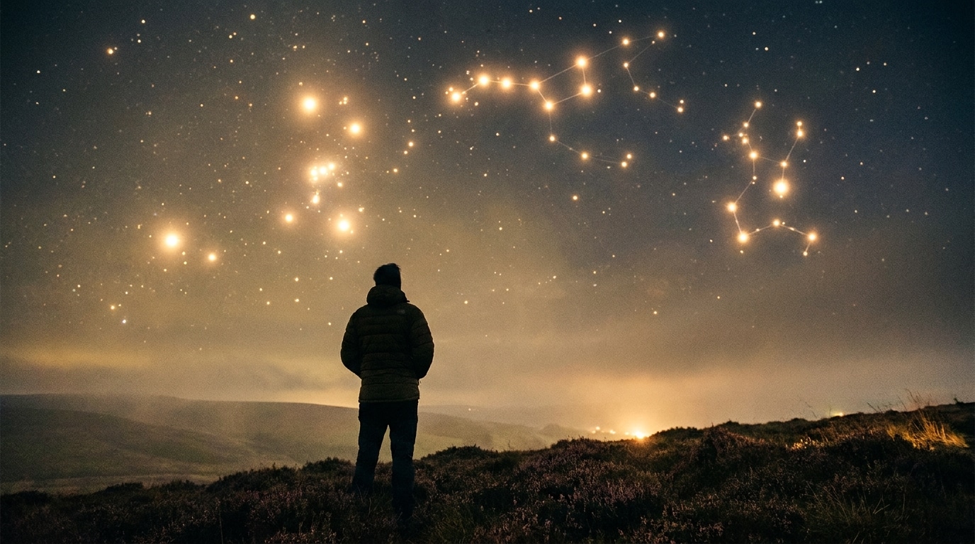 Silhouette contemplant quatre constellations brillantes dans un ciel étoilé