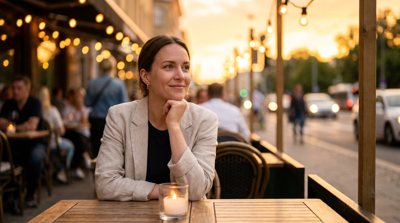 Femme souriante à une terrasse de café au coucher du soleil