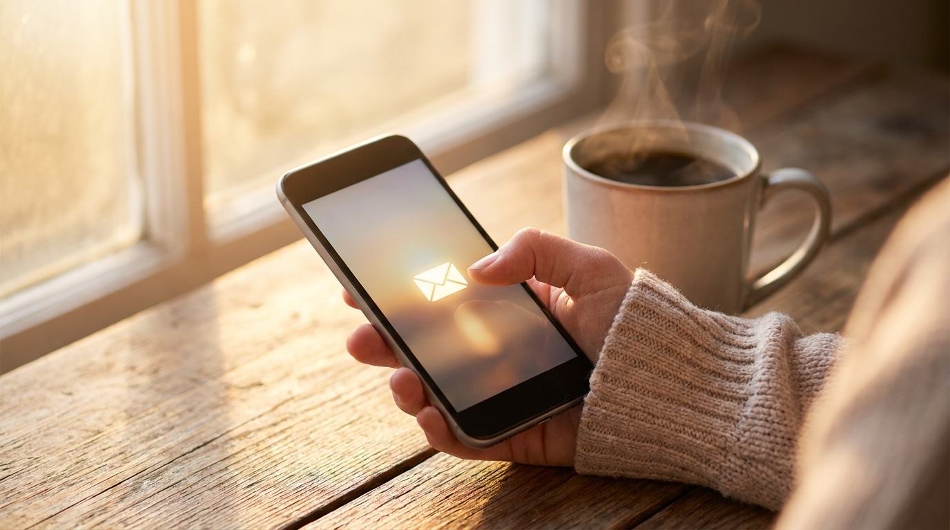 Main tenant un smartphone avec notification près d'un café