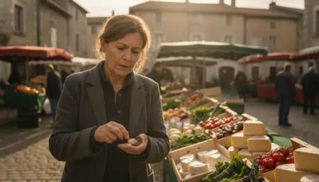 Personne française comptant des pièces au marché