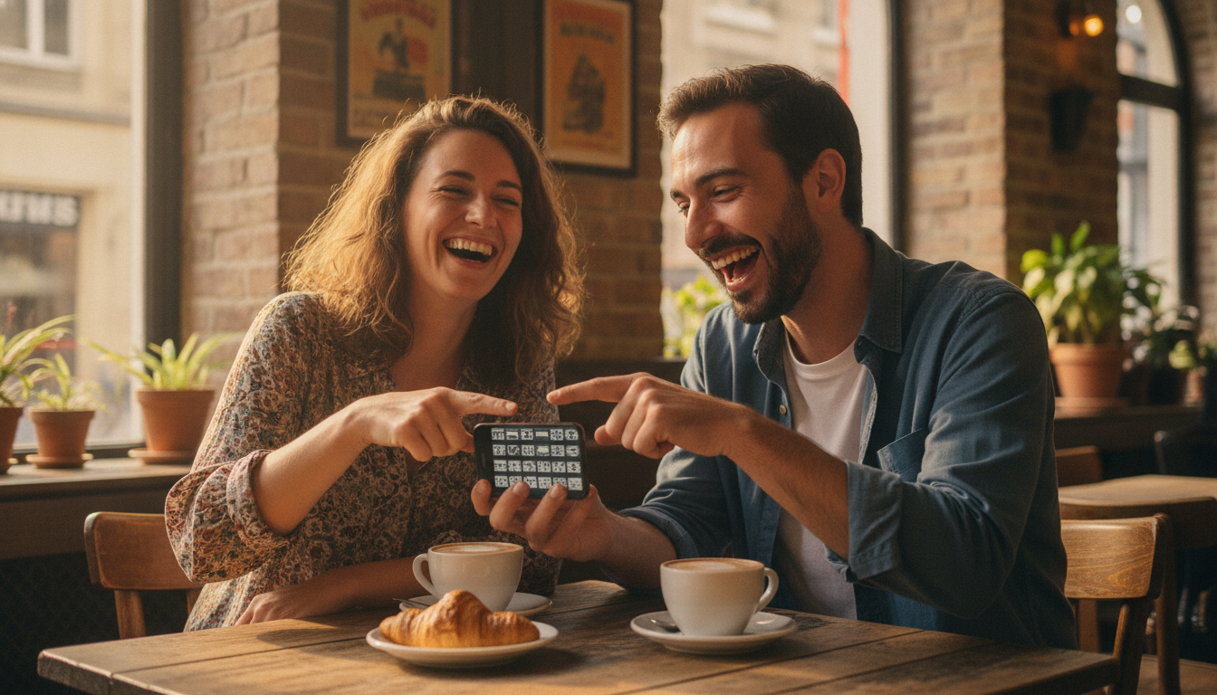 Belge et Français riant des différences numériques au café