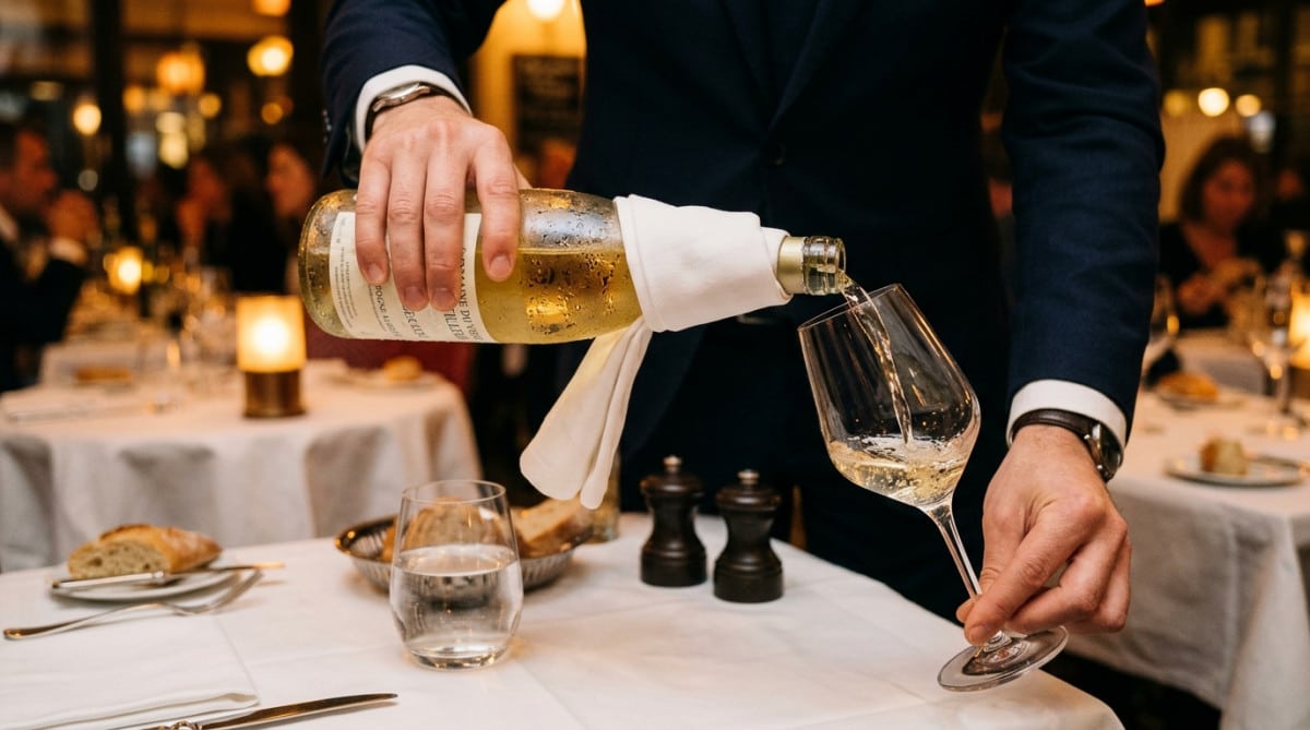 Service de vin blanc avec serviette autour du goulot au restaurant