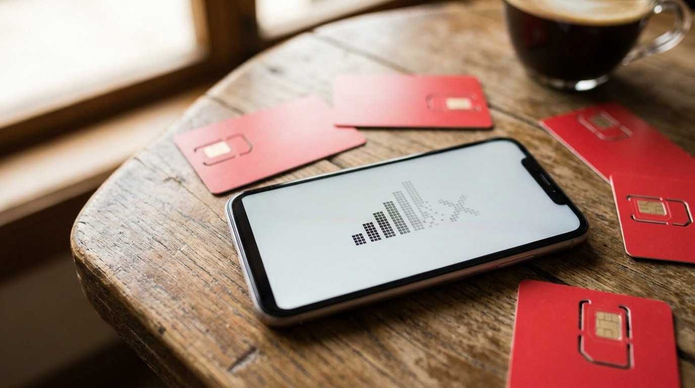 Smartphone et cartes SIM rouges sur une table en bois