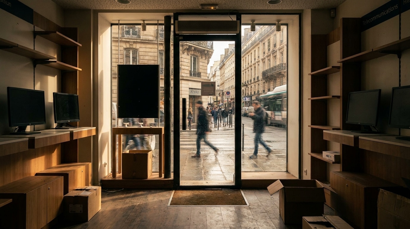 Boutique de téléphonie vide avec étagères désertes