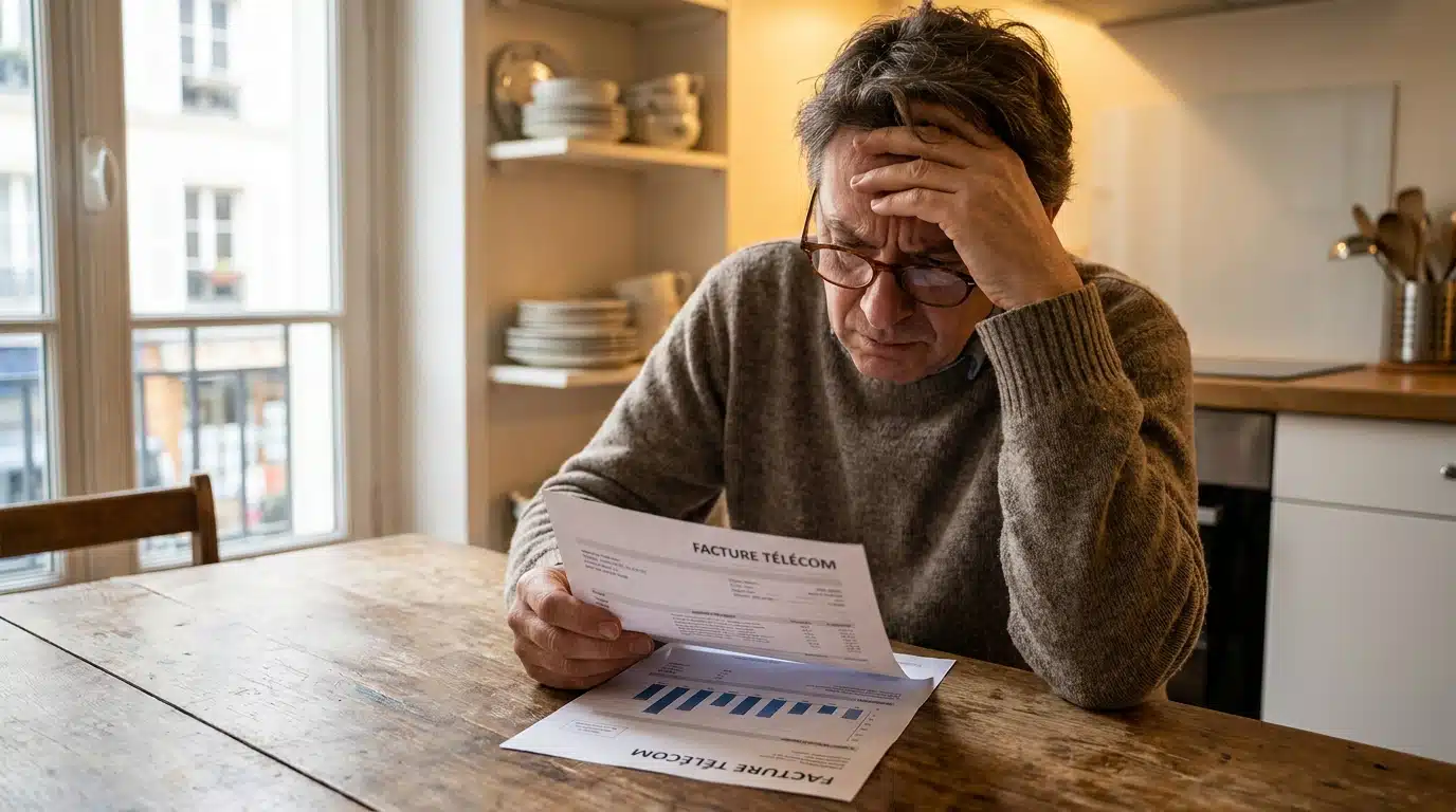 Personne inquiète consultant une facture télécom à table