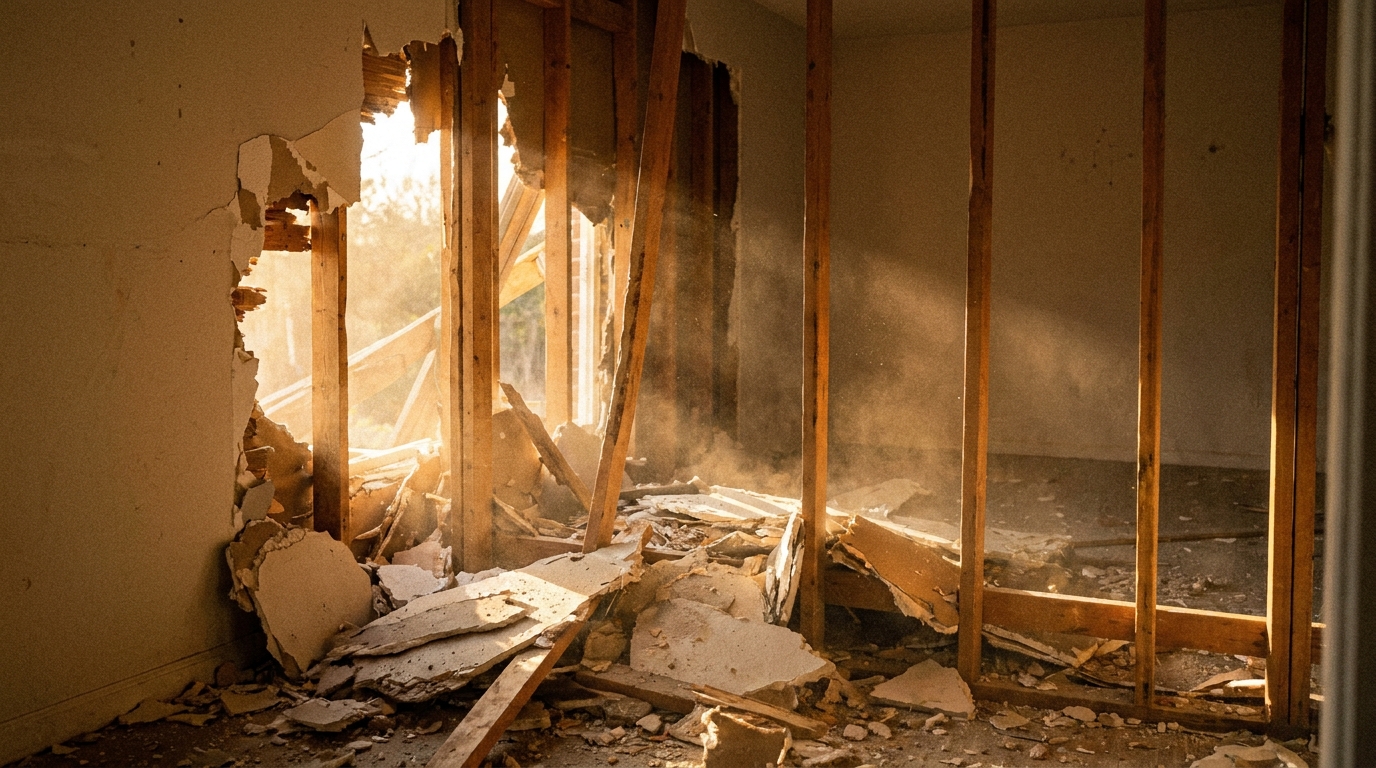 Intérieur d'une maison endommagée avec murs effondrés et poutres exposées