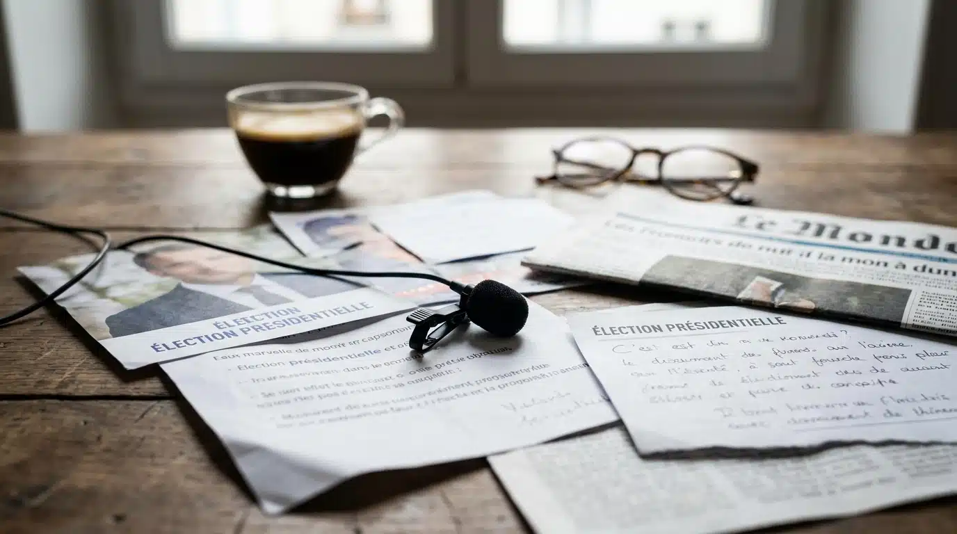 Micro posé sur des documents de campagne, ambiance tendue