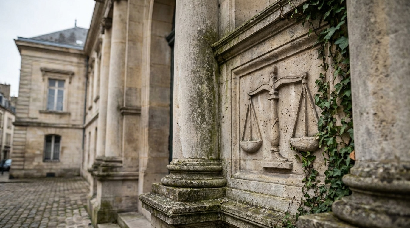 Façade d'un tribunal français avec détails sculptés en pierre