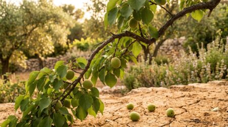 Petits abricots verts tombés au pied d'un abricotier