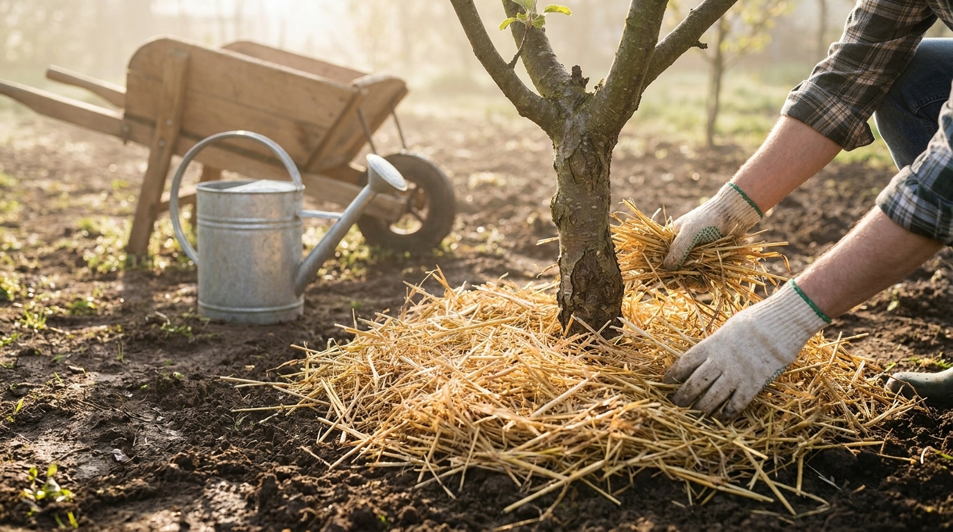 Paillage organique étalé au pied d'un arbre fruitier
