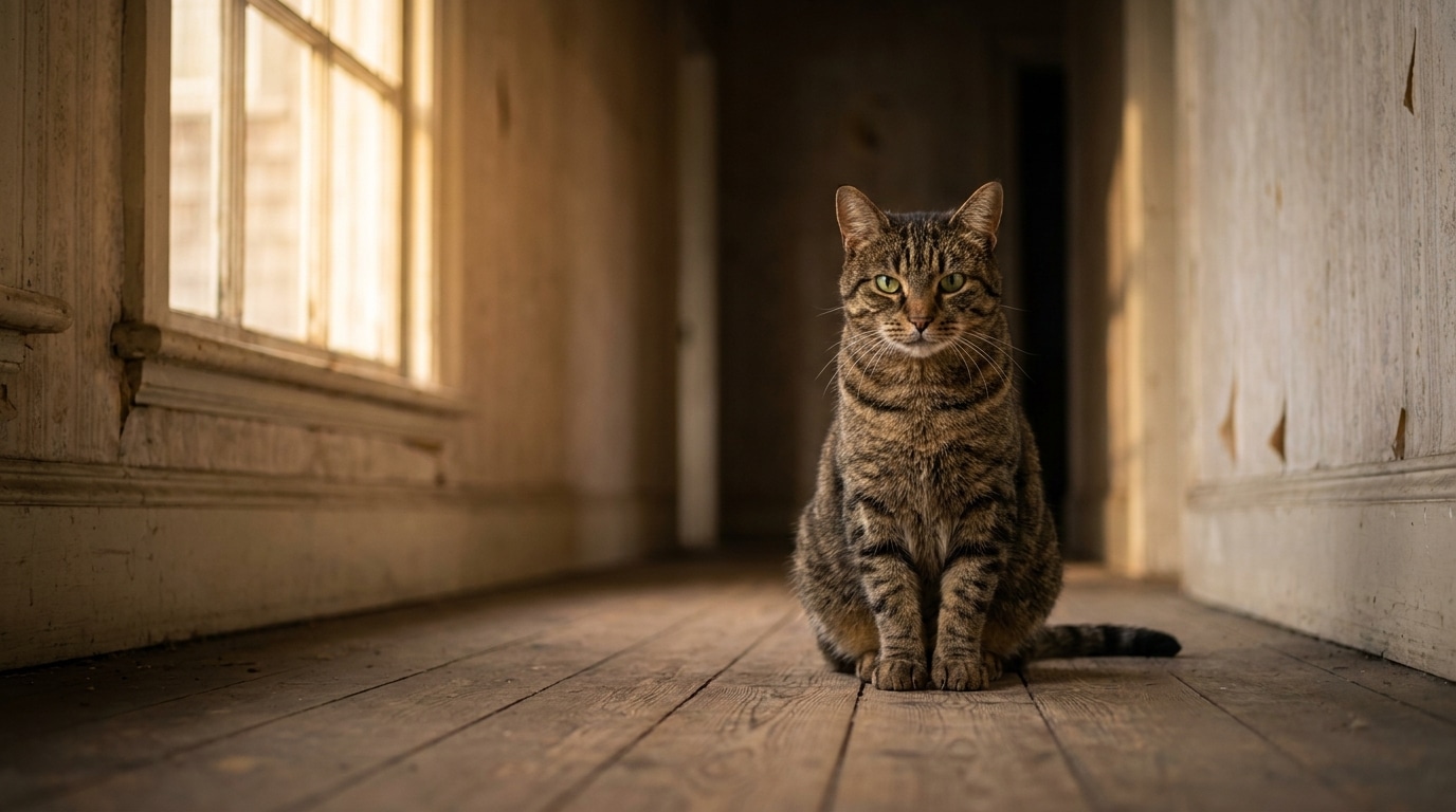 Chat tigré assis dans un couloir regardant fixement
