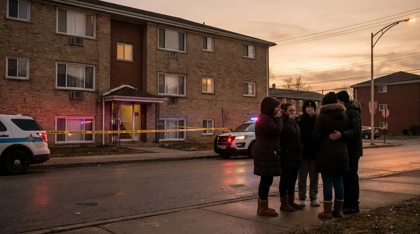Immeuble résidentiel cerné par un ruban de police au crépuscule
