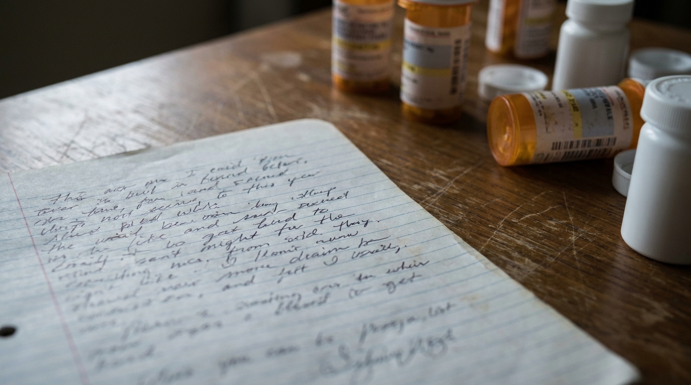 Note manuscrite posée sur une table près de flacons de médicaments