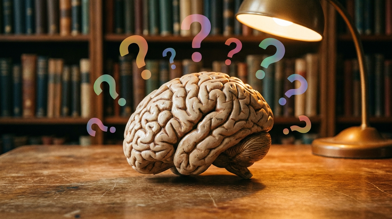 Cerveau et points d'interrogation humour absurde