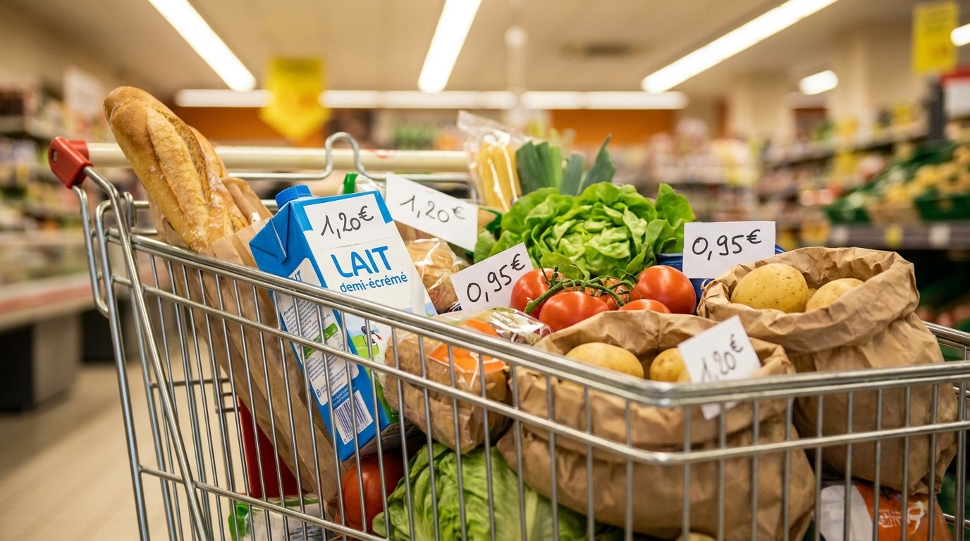 Chariot de courses rempli de produits alimentaires au supermarché