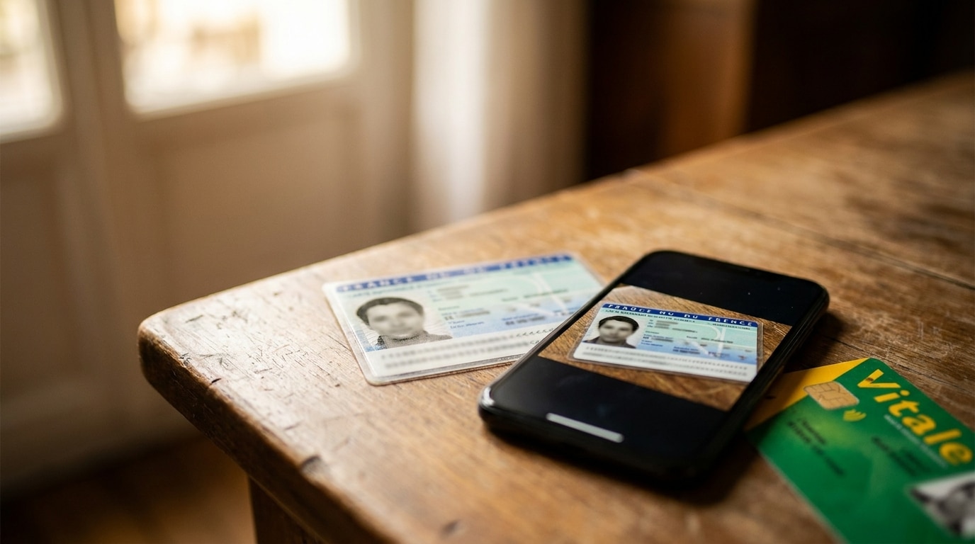 Carte d'identité posée à côté d'un smartphone affichant sa photo