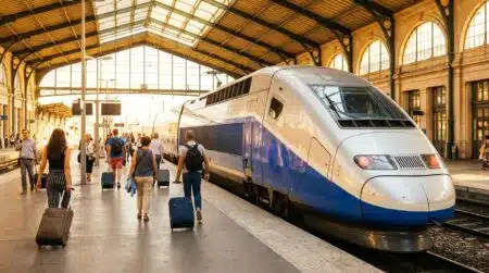 TGV en gare ensoleillée avec voyageurs sur le quai