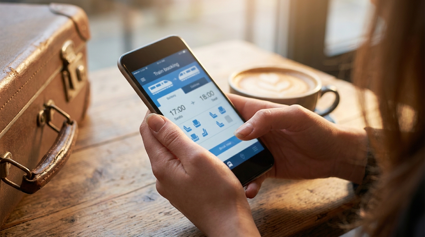 Mains tenant un smartphone avec application de réservation de train
