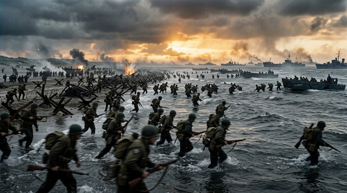 Soldats alliés débarquant sur les plages de Normandie le 6 juin 1944