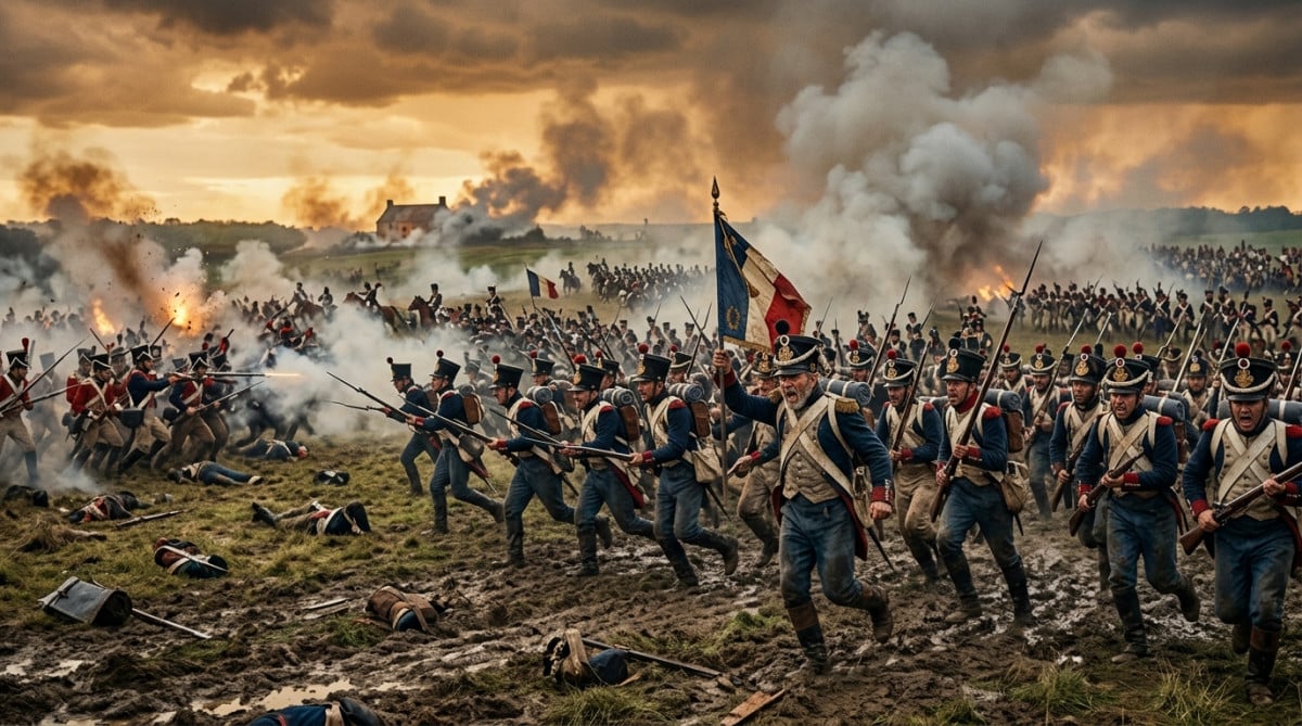 Soldats chargeant à la bataille de Waterloo en 1815