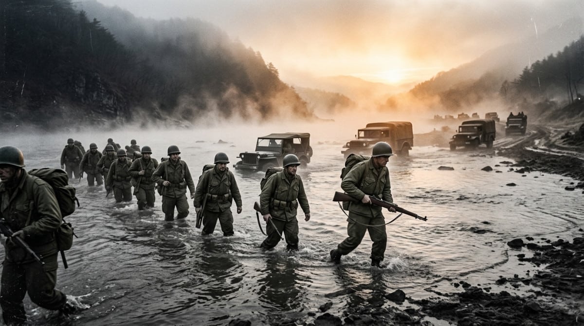 Soldats traversant une rivière à l'aube pendant la guerre de Corée