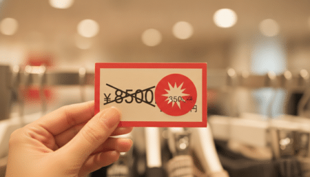 Main tenant une étiquette de prix barré en magasin