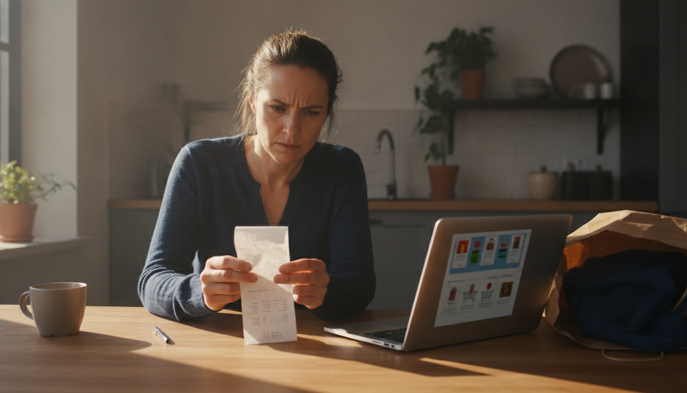 Personne vérifiant un ticket de caisse pour un retour d'article soldé