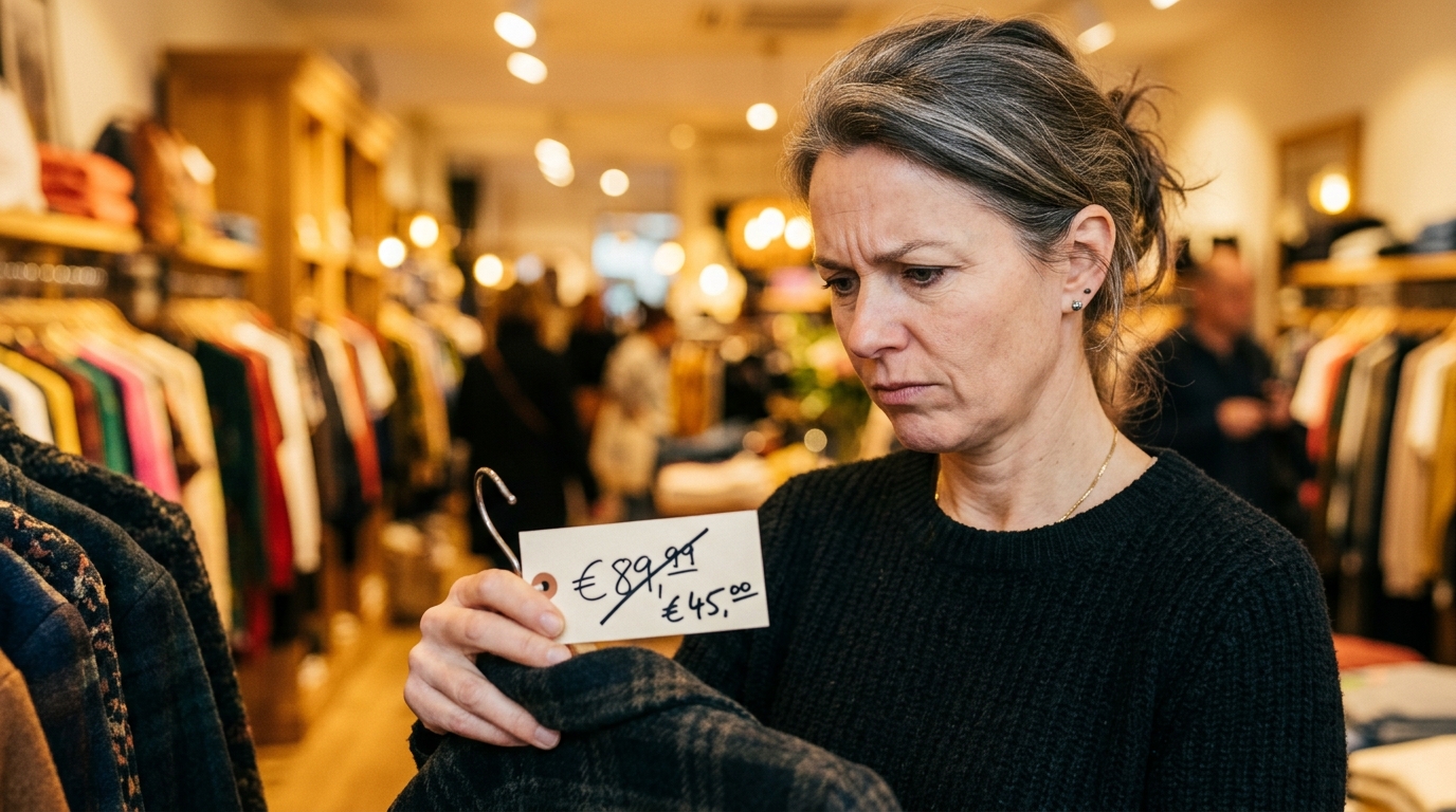 Femme sceptique examinant un prix barré en magasin