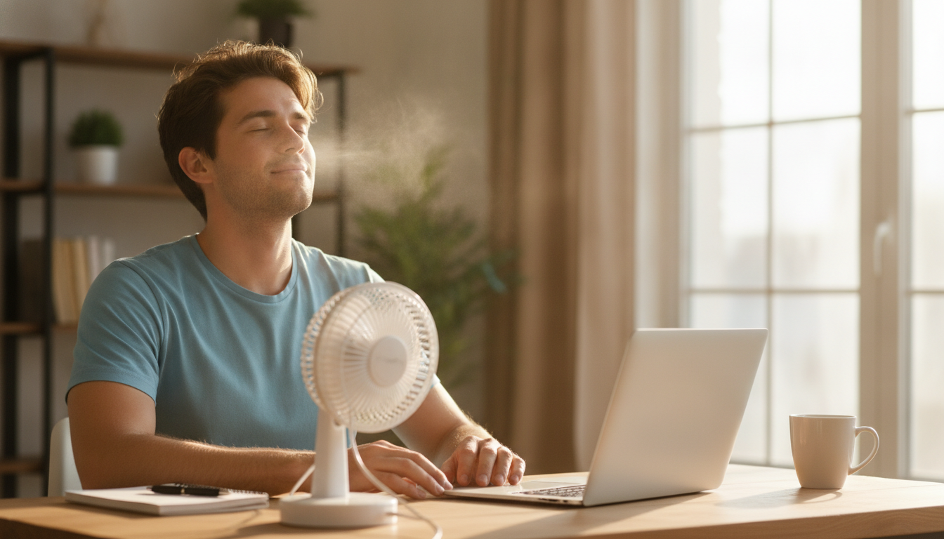 Homme se rafraîchissant avec un mini ventilateur USB au bureau
