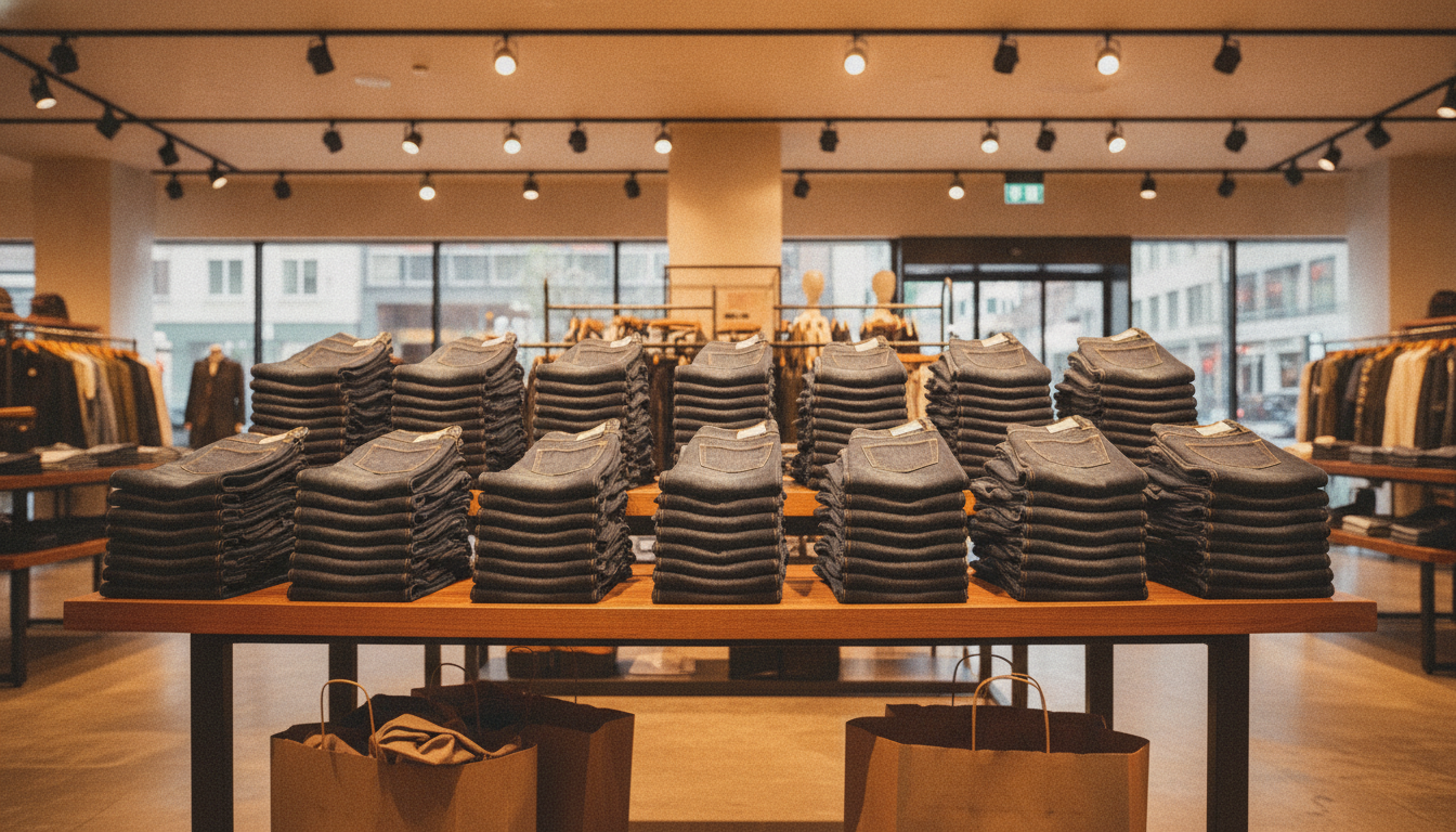 Pile de jeans identiques en rayon durant les soldes d'été