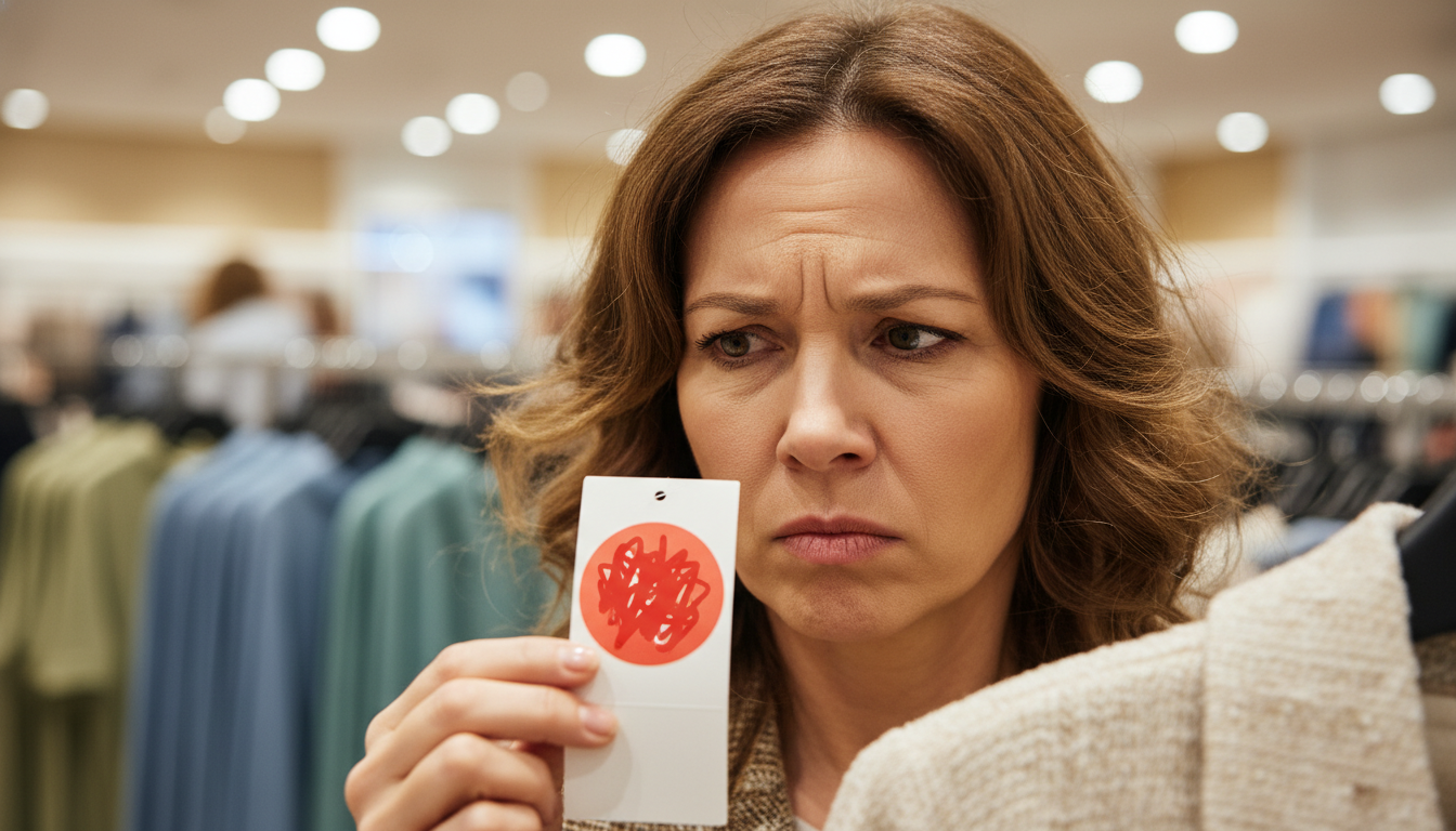 Femme vérifiant un prix barré en magasin pendant les soldes