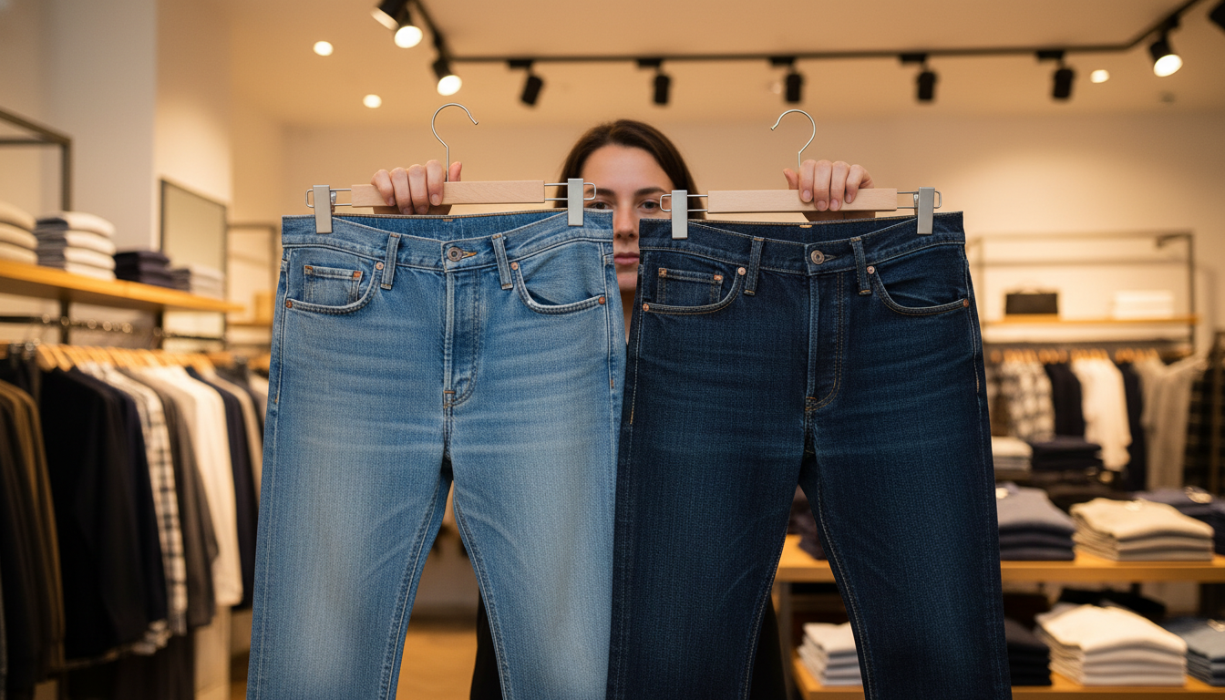 Comparaison de deux jeans de qualité différente en boutique
