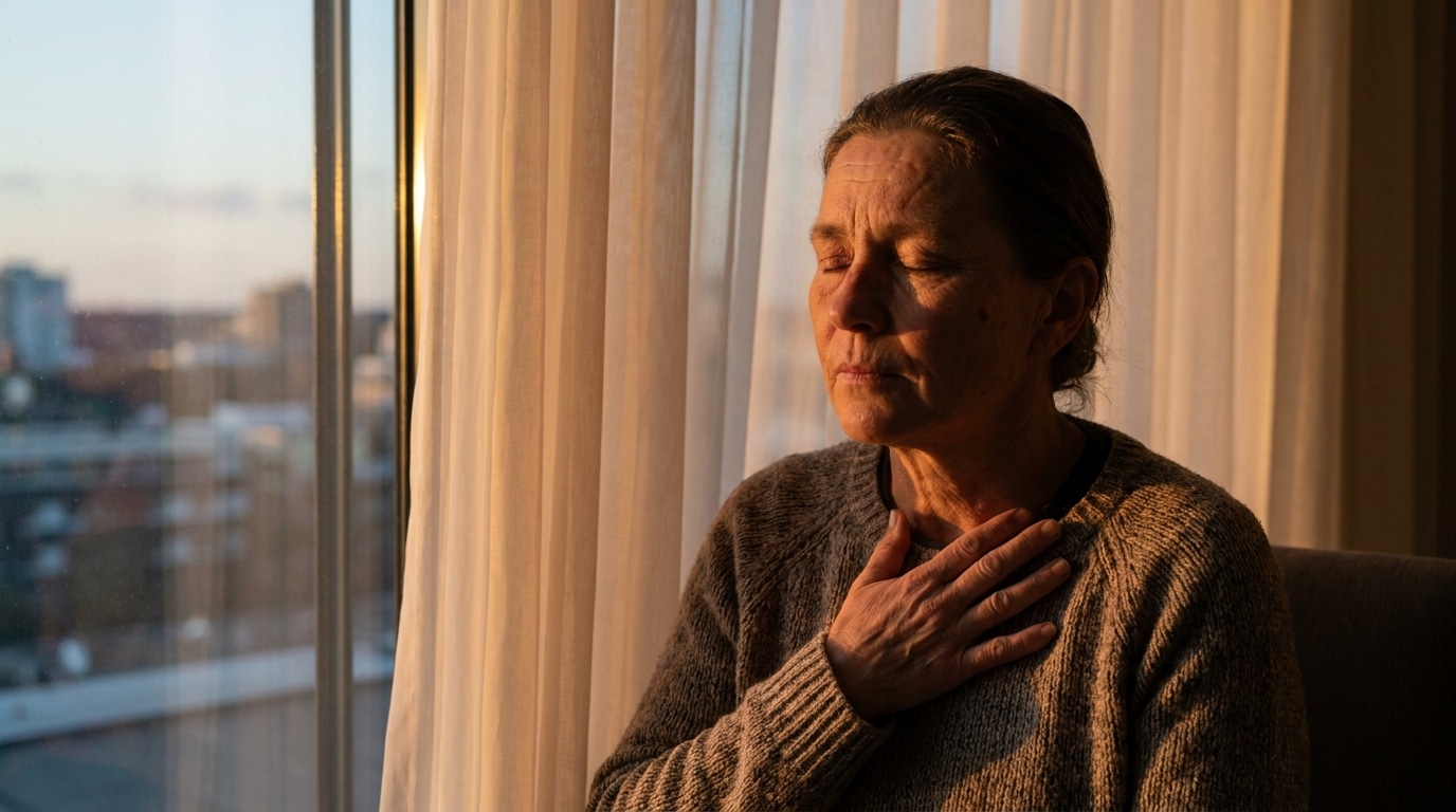 Personne pensive assise près d'une fenêtre au crépuscule
