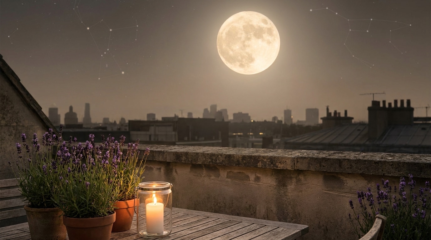 Ciel nocturne avec lune et bougie sur une terrasse