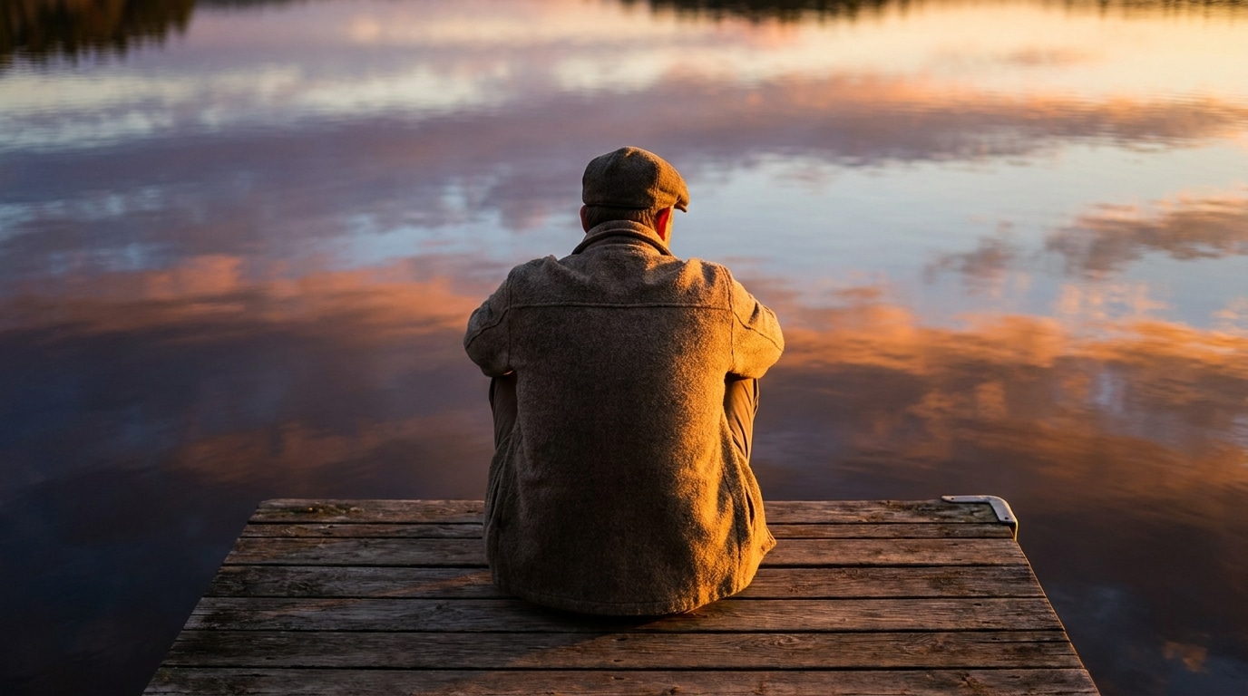 Silhouette contemplative assise sur un ponton au coucher du soleil