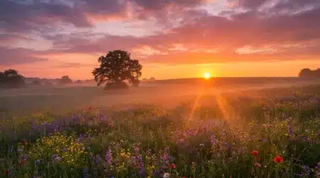 Coucher de soleil doré sur un champ de fleurs sauvages au solstice