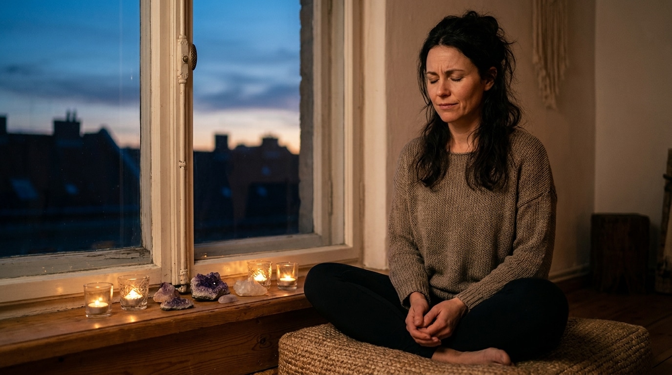 Femme méditant près d'une fenêtre au crépuscule avec des cristaux
