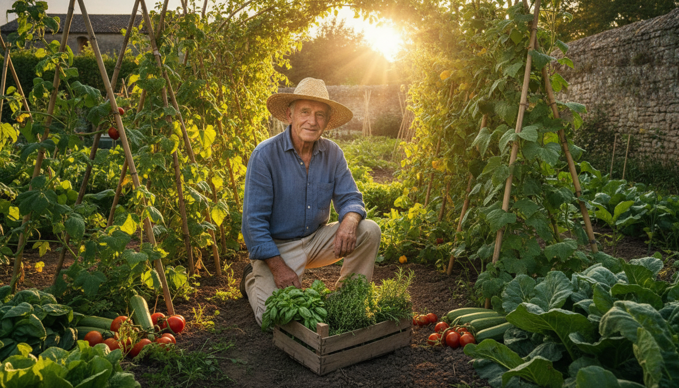 Jardinier ancien agenouillé dans un potager au solstice d'été